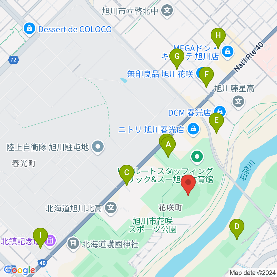 旭川市花咲スポーツ公園陸上競技場周辺の駐車場・コインパーキング一覧地図