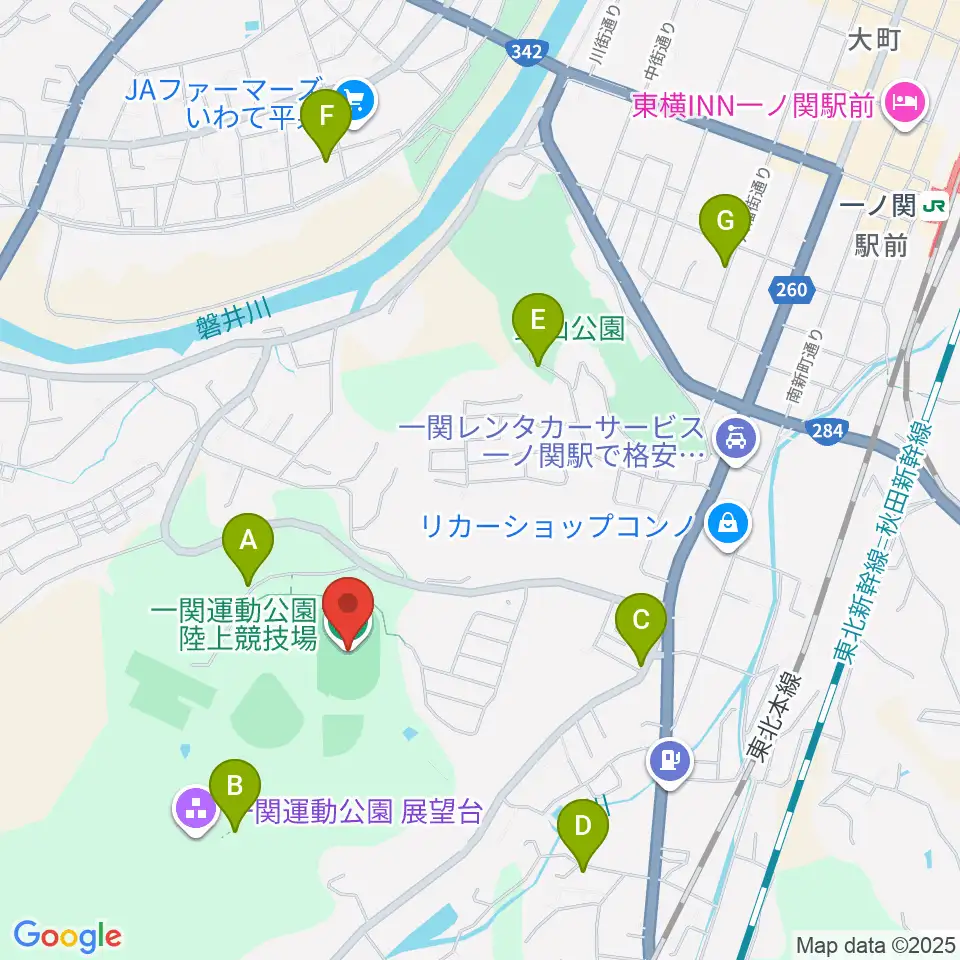 MUCCいちのせき陸上競技場周辺の駐車場・コインパーキング一覧地図