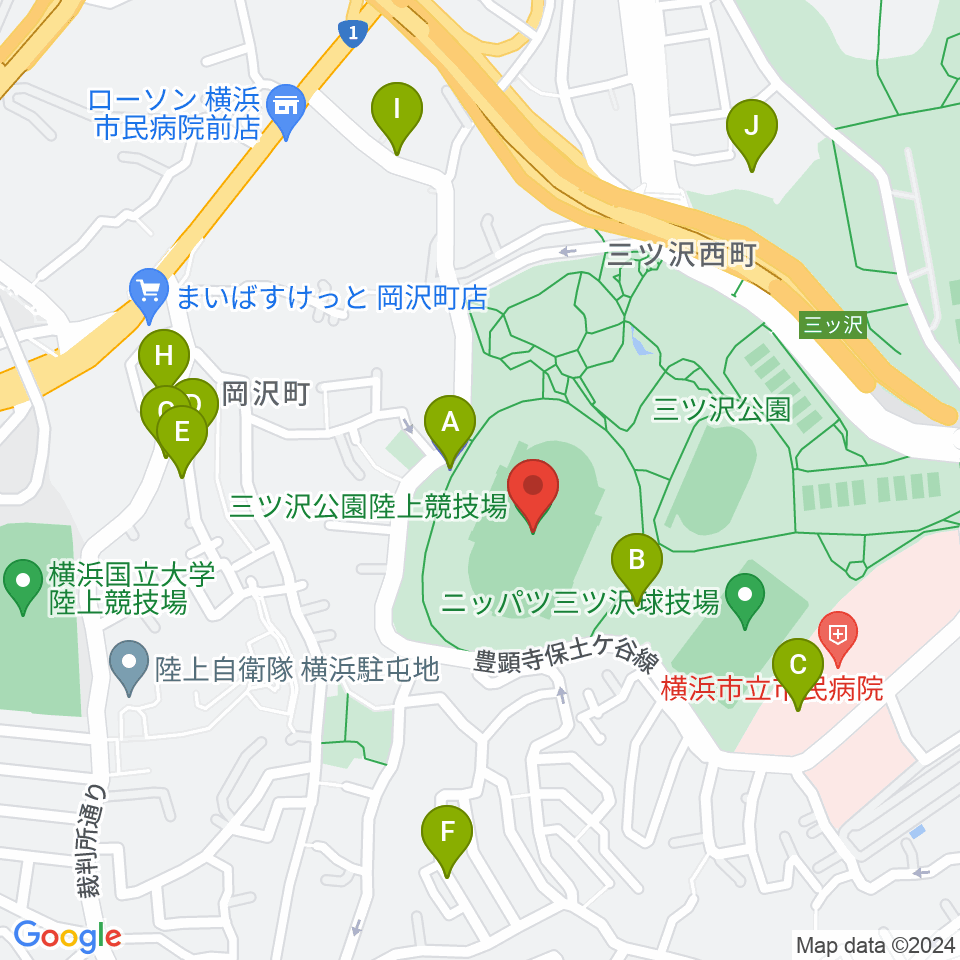 三ツ沢公園陸上競技場周辺の駐車場・コインパーキング一覧地図