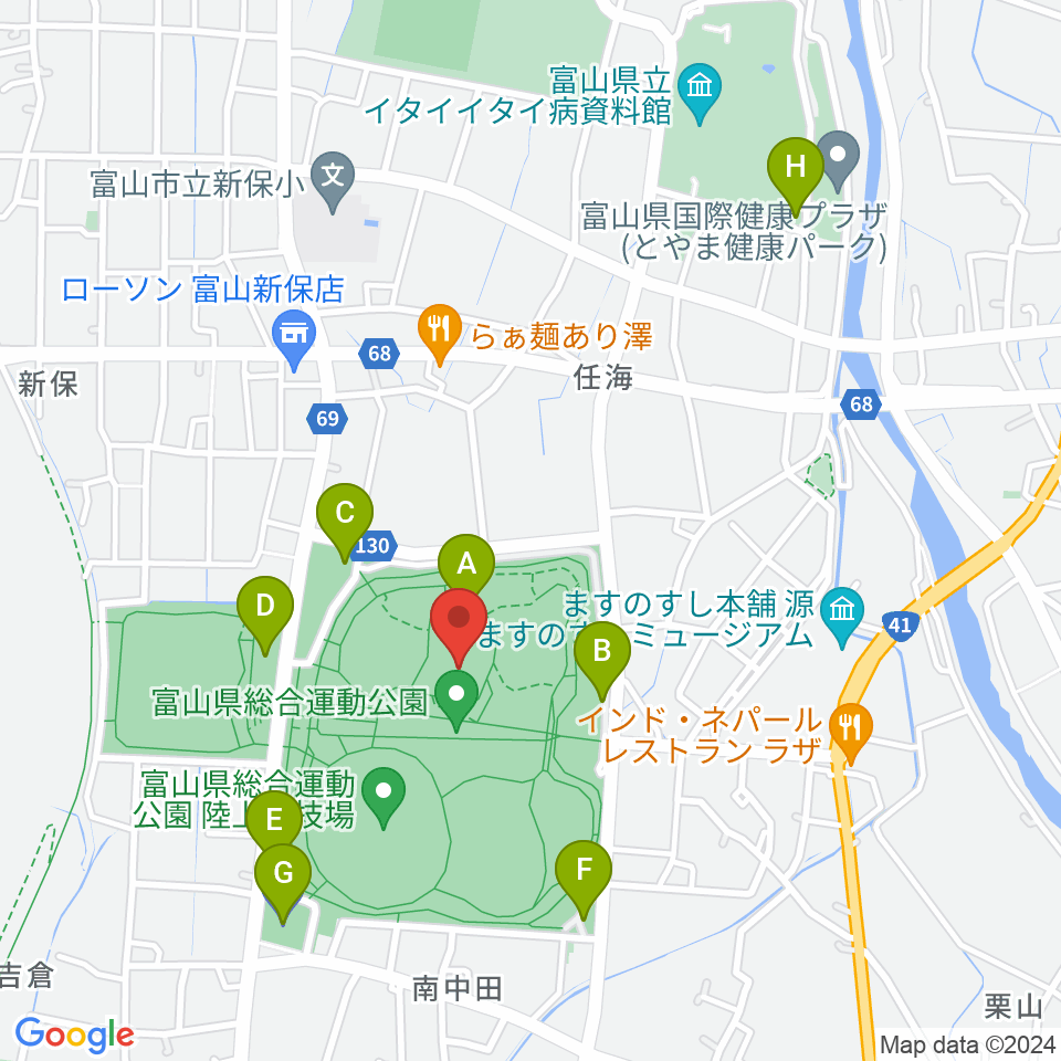 富山県総合運動公園屋内グラウンド周辺の駐車場・コインパーキング一覧地図