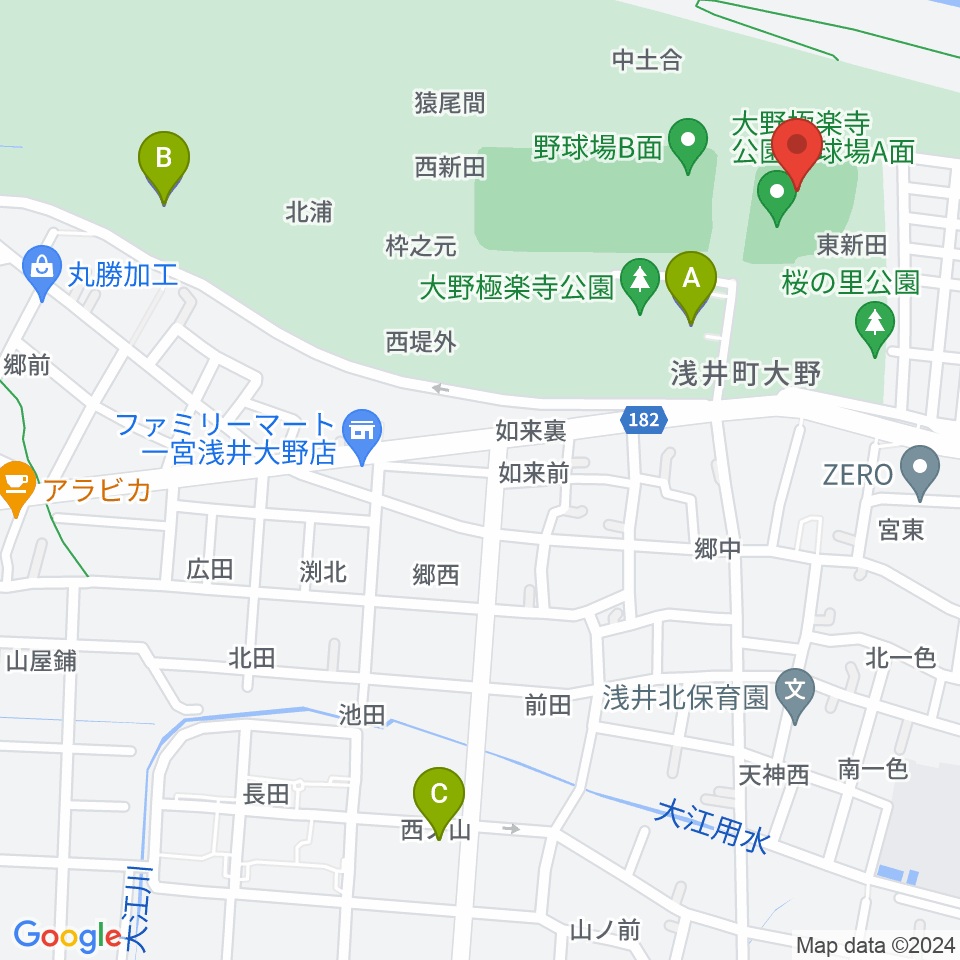 大野極楽寺公園野球場周辺の駐車場・コインパーキング一覧地図