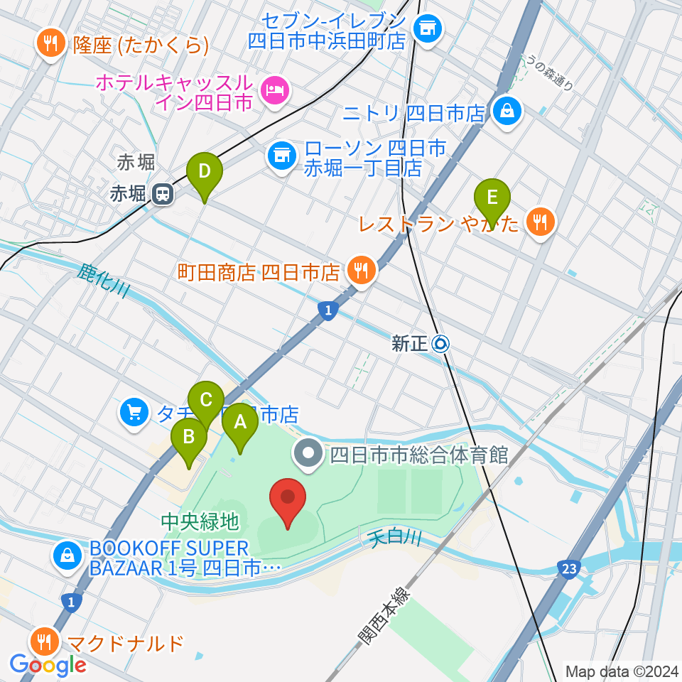 四日市市中央フットボール場Aフィールド周辺の駐車場・コインパーキング一覧地図