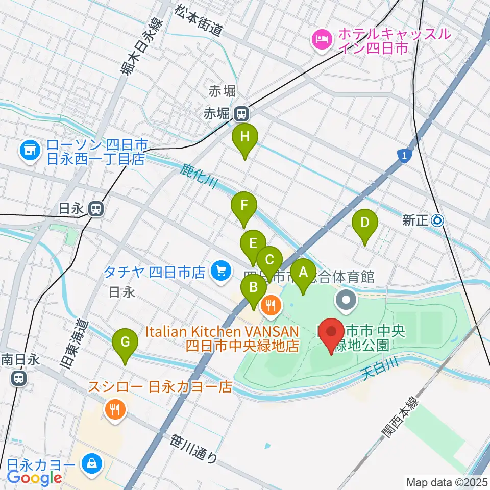 四日市市中央フットボール場Aフィールド周辺の駐車場・コインパーキング一覧地図