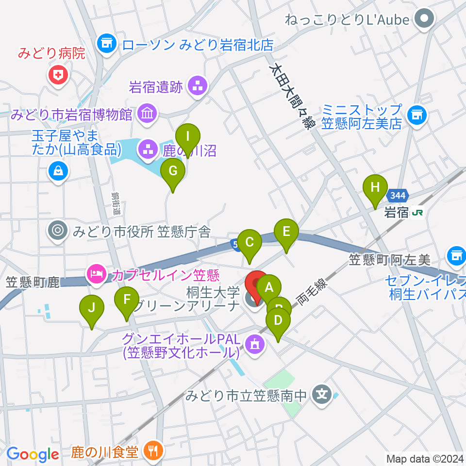 桐生大学グリーンアリーナ周辺の駐車場・コインパーキング一覧地図