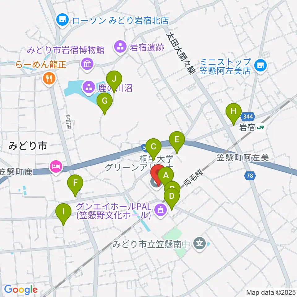 桐生大学グリーンアリーナ周辺の駐車場・コインパーキング一覧地図