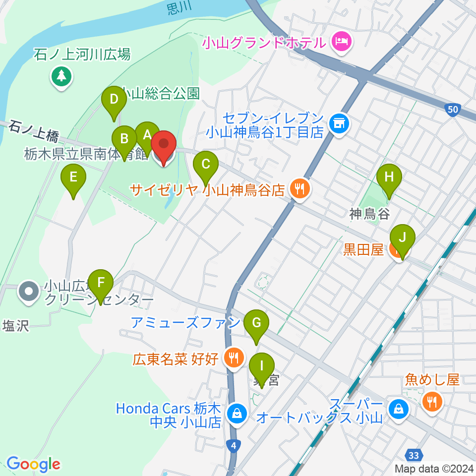 栃木県立県南体育館周辺の駐車場・コインパーキング一覧地図