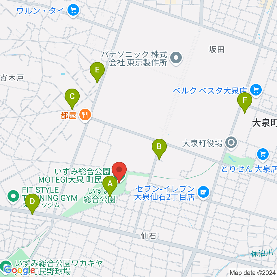 いずみ総合公園MOTEGI大泉町民体育館周辺の駐車場・コインパーキング一覧地図