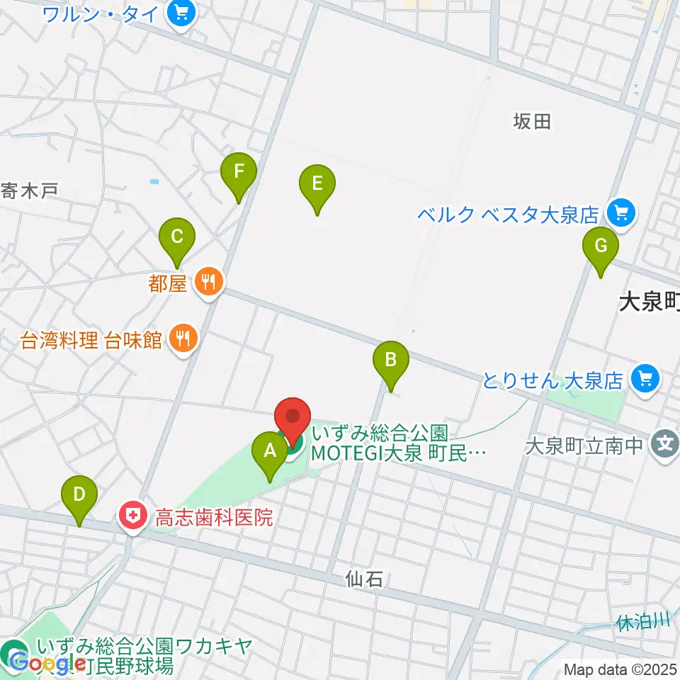 いずみ総合公園MOTEGI大泉町民体育館周辺の駐車場・コインパーキング一覧地図
