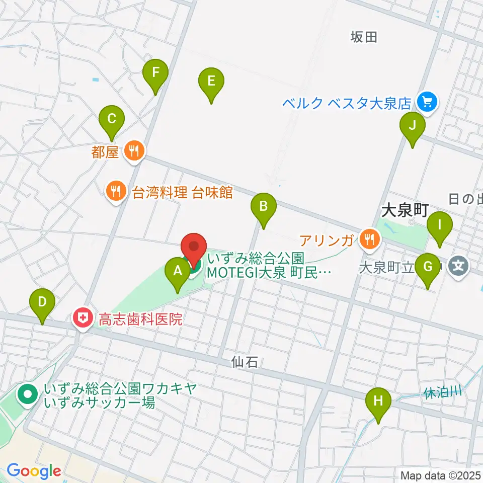いずみ総合公園MOTEGI大泉町民体育館周辺の駐車場・コインパーキング一覧地図