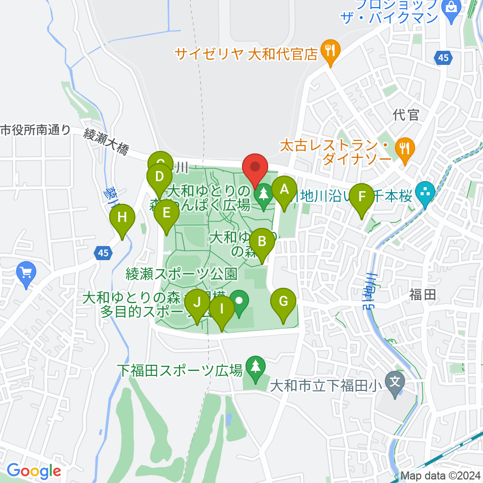 大和ゆとりの森芝生グラウンド周辺の駐車場・コインパーキング一覧地図