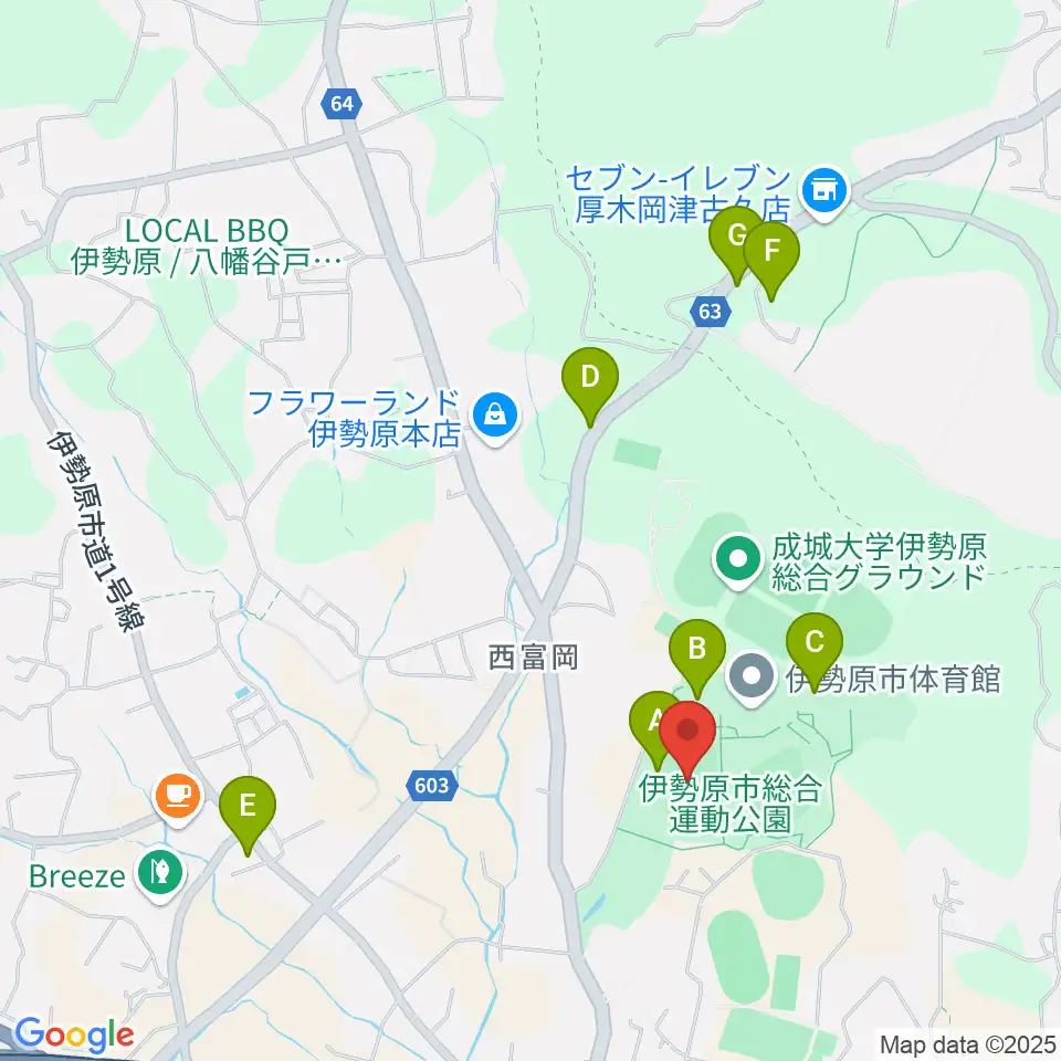 伊勢原市総合運動公園自由広場周辺の駐車場・コインパーキング一覧地図