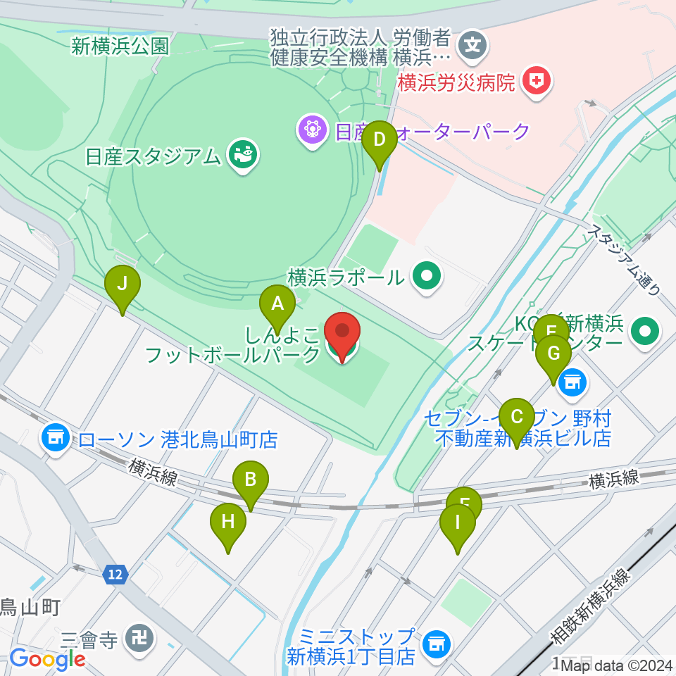 しんよこフットボールパーク周辺の駐車場・コインパーキング一覧地図