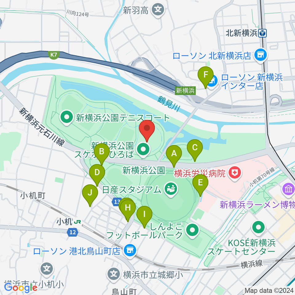 新横浜公園草地広場周辺の駐車場・コインパーキング一覧地図