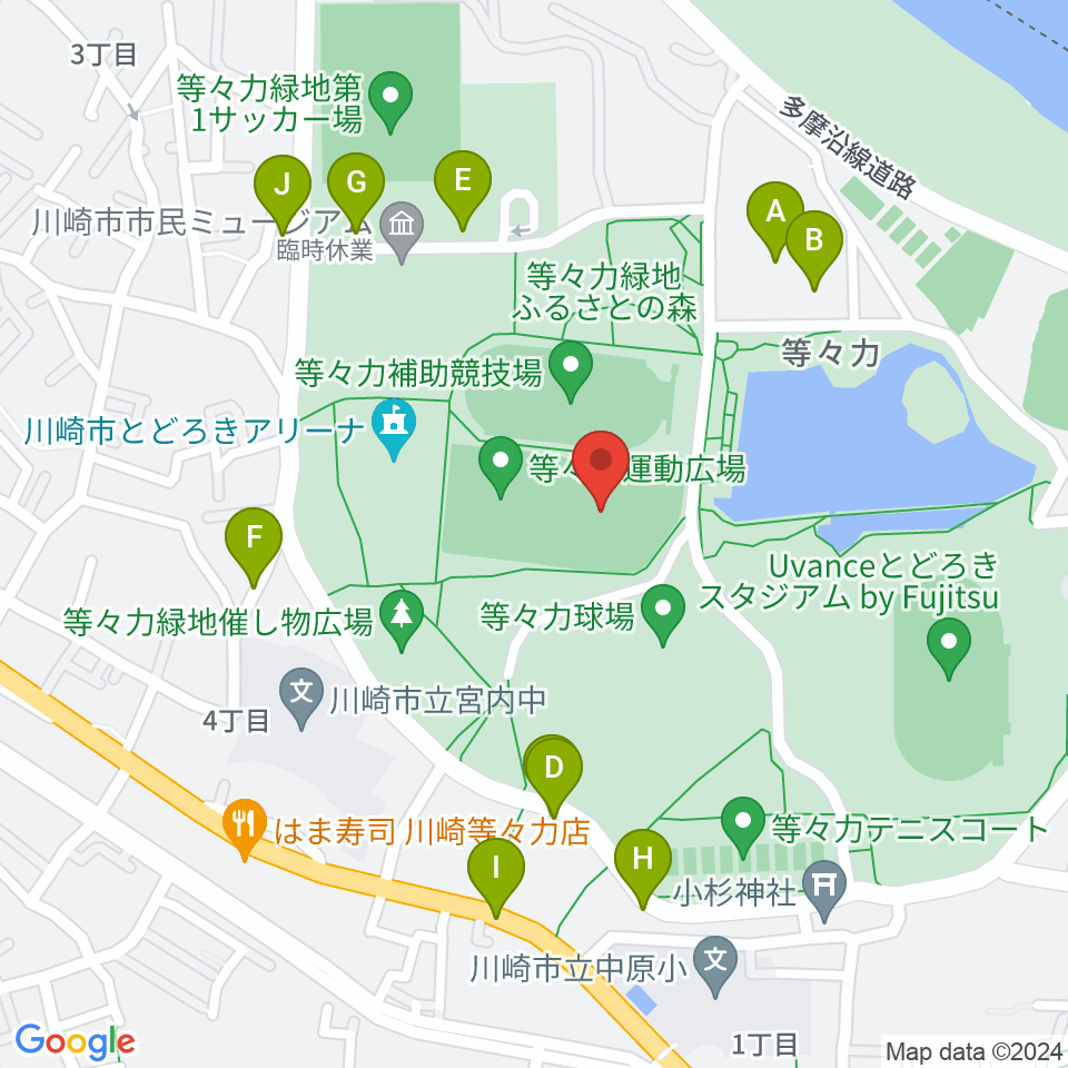 等々力緑地中央グラウンド周辺の駐車場・コインパーキング一覧地図