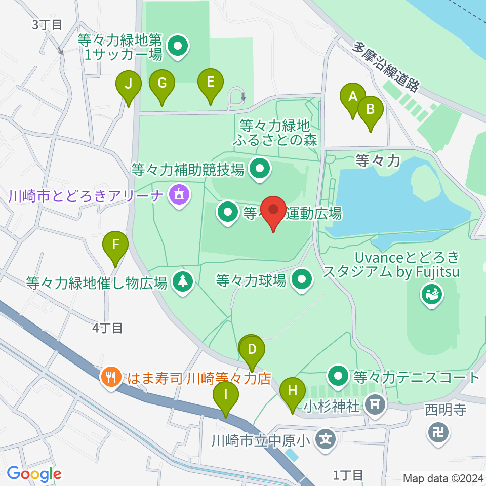 等々力緑地中央グラウンド周辺の駐車場・コインパーキング一覧地図