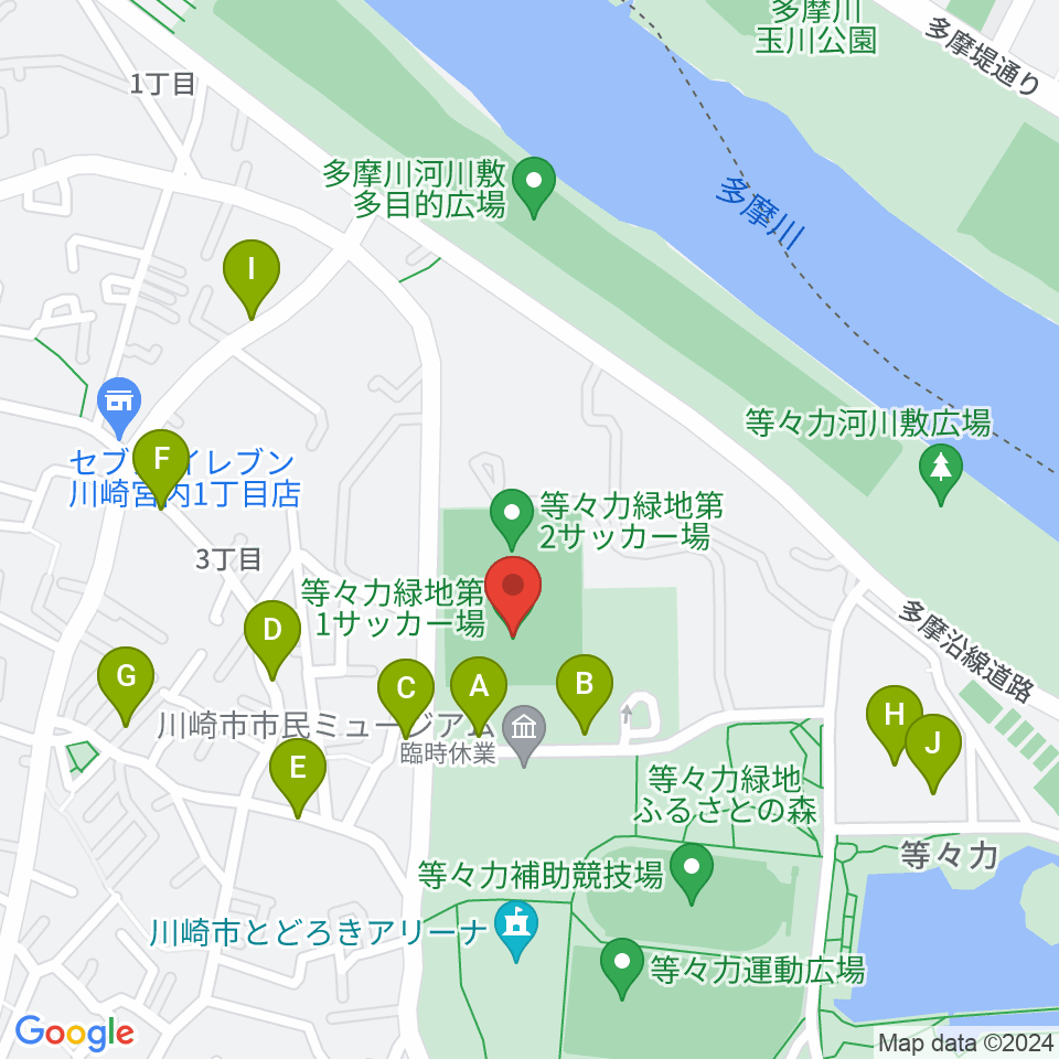 等々力第1・第2サッカー場周辺の駐車場・コインパーキング一覧地図