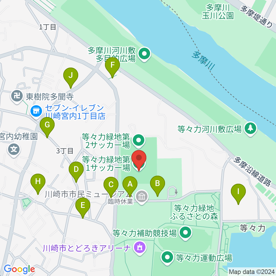 等々力第1・第2サッカー場周辺の駐車場・コインパーキング一覧地図