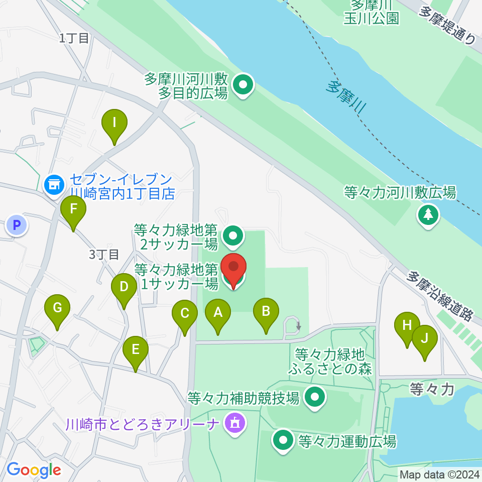 等々力第1・第2サッカー場周辺の駐車場・コインパーキング一覧地図