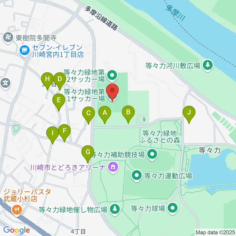 等々力第1・第2サッカー場周辺の駐車場・コインパーキング一覧地図