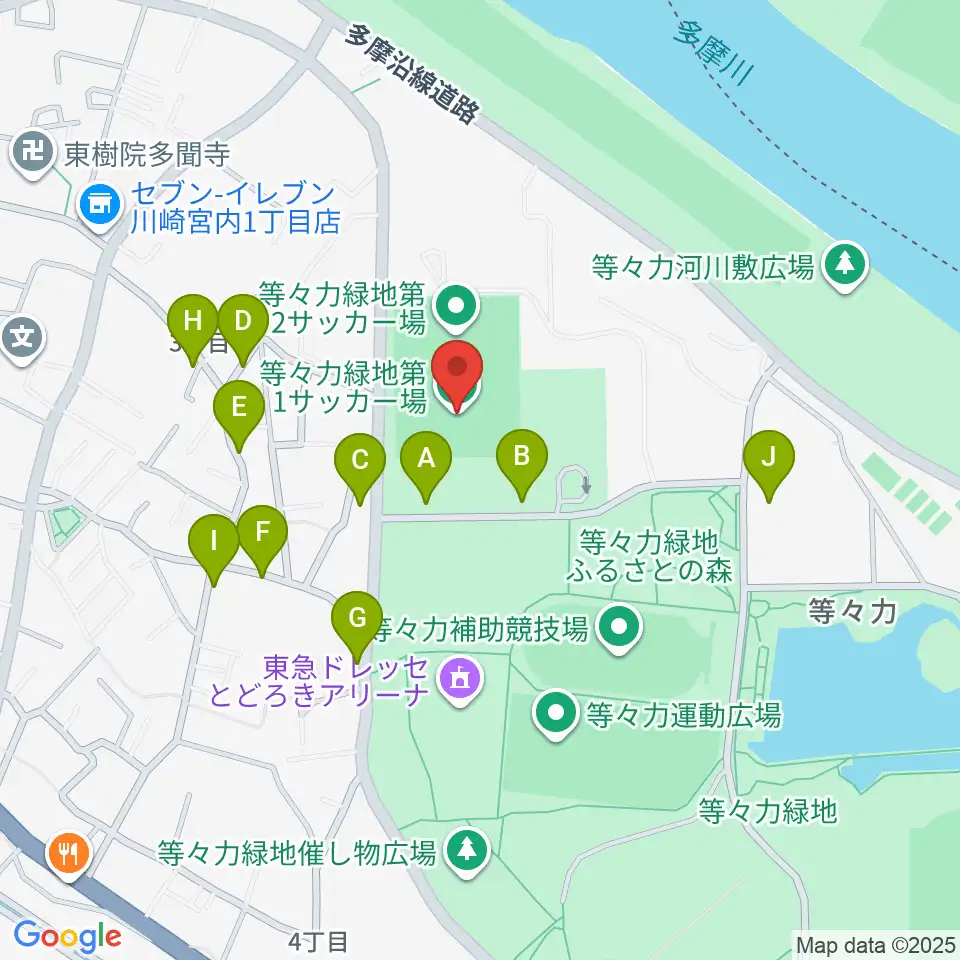 等々力第1・第2サッカー場周辺の駐車場・コインパーキング一覧地図