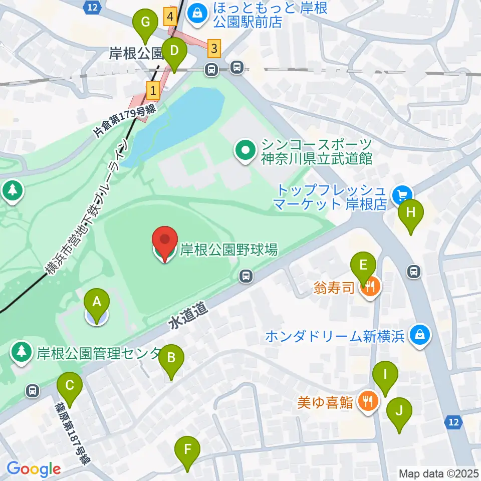 岸根公園野球場周辺の駐車場・コインパーキング一覧地図