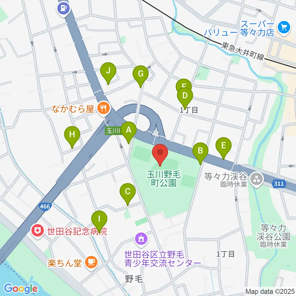 玉川野毛町公園野球場周辺の駐車場・コインパーキング一覧地図