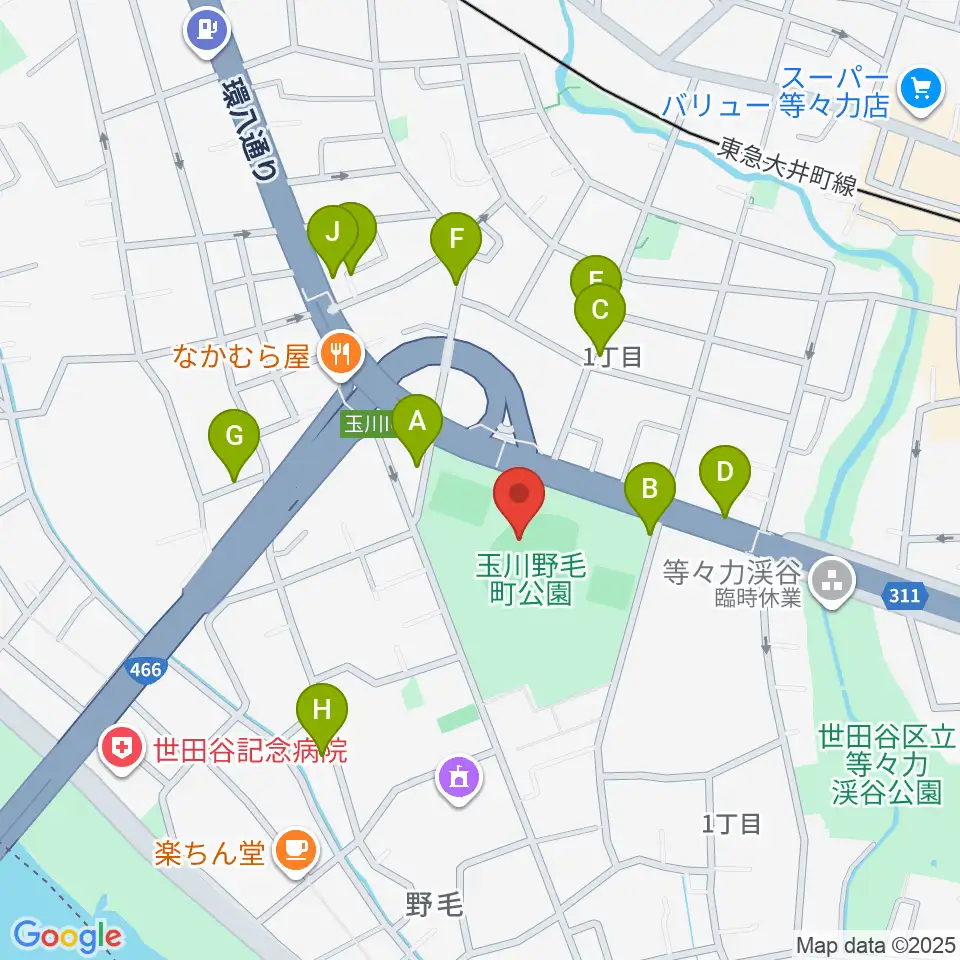 玉川野毛町公園野球場周辺の駐車場・コインパーキング一覧地図