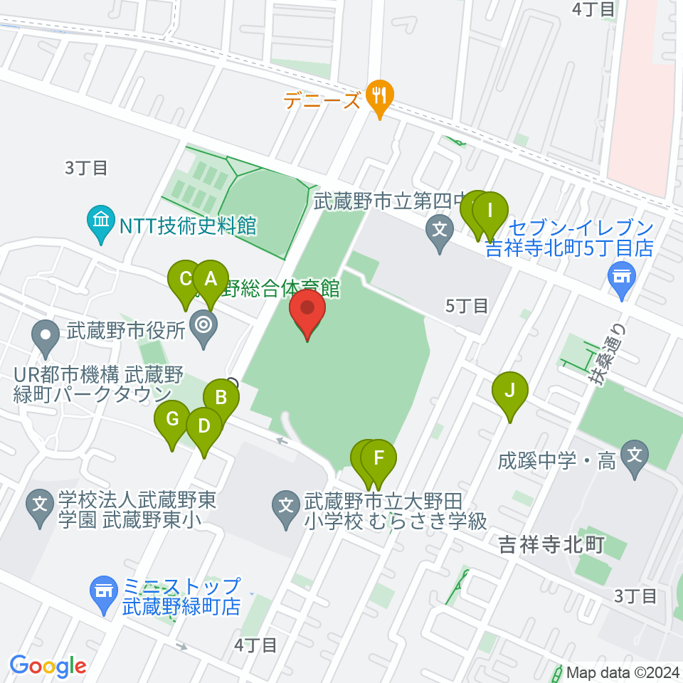 武蔵野総合体育館周辺の駐車場・コインパーキング一覧地図