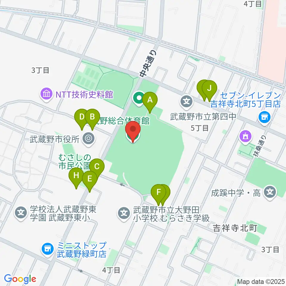 武蔵野総合体育館周辺の駐車場・コインパーキング一覧地図