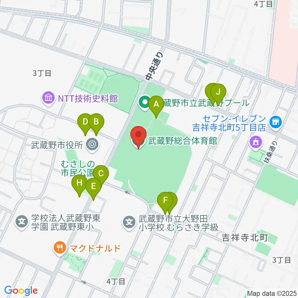 武蔵野総合体育館周辺の駐車場・コインパーキング一覧地図
