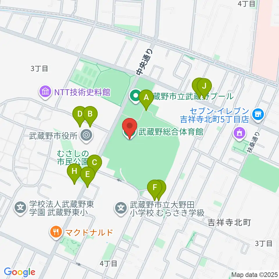 武蔵野総合体育館周辺の駐車場・コインパーキング一覧地図