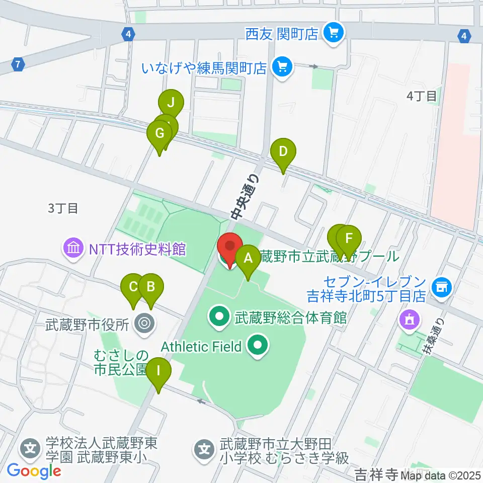 武蔵野温水プール周辺の駐車場・コインパーキング一覧地図