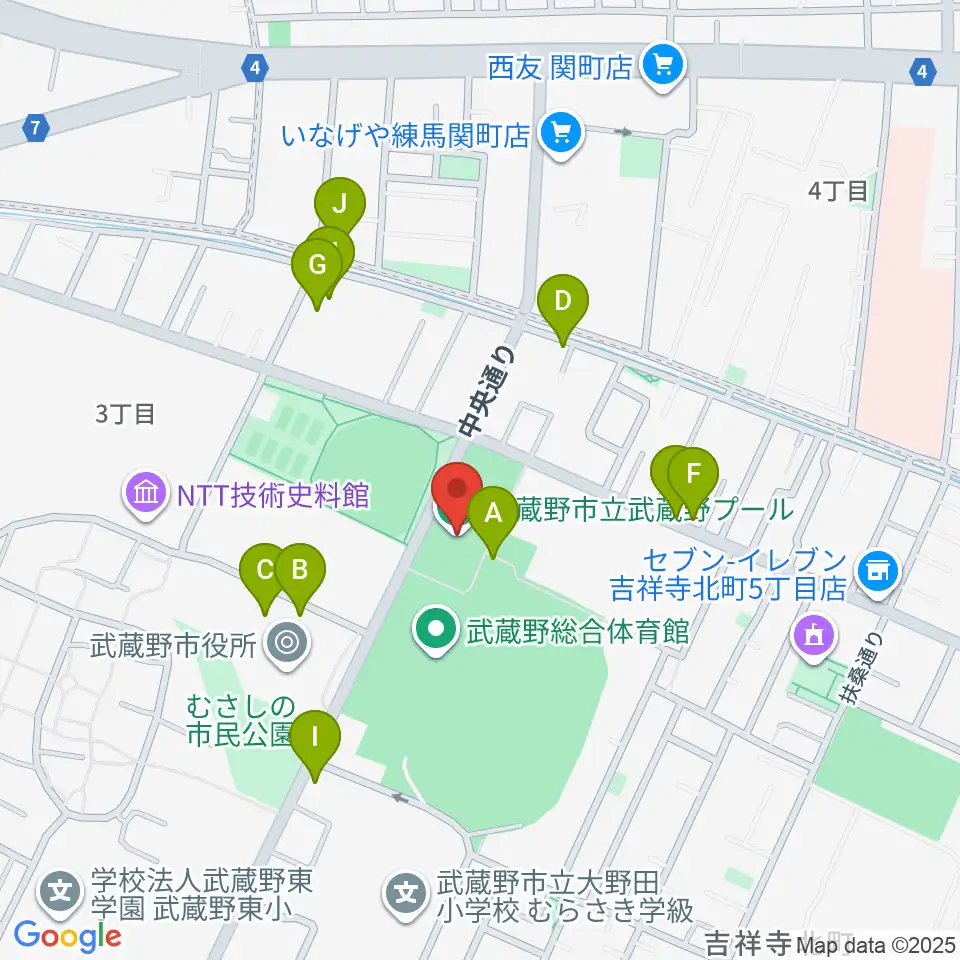 武蔵野温水プール周辺の駐車場・コインパーキング一覧地図