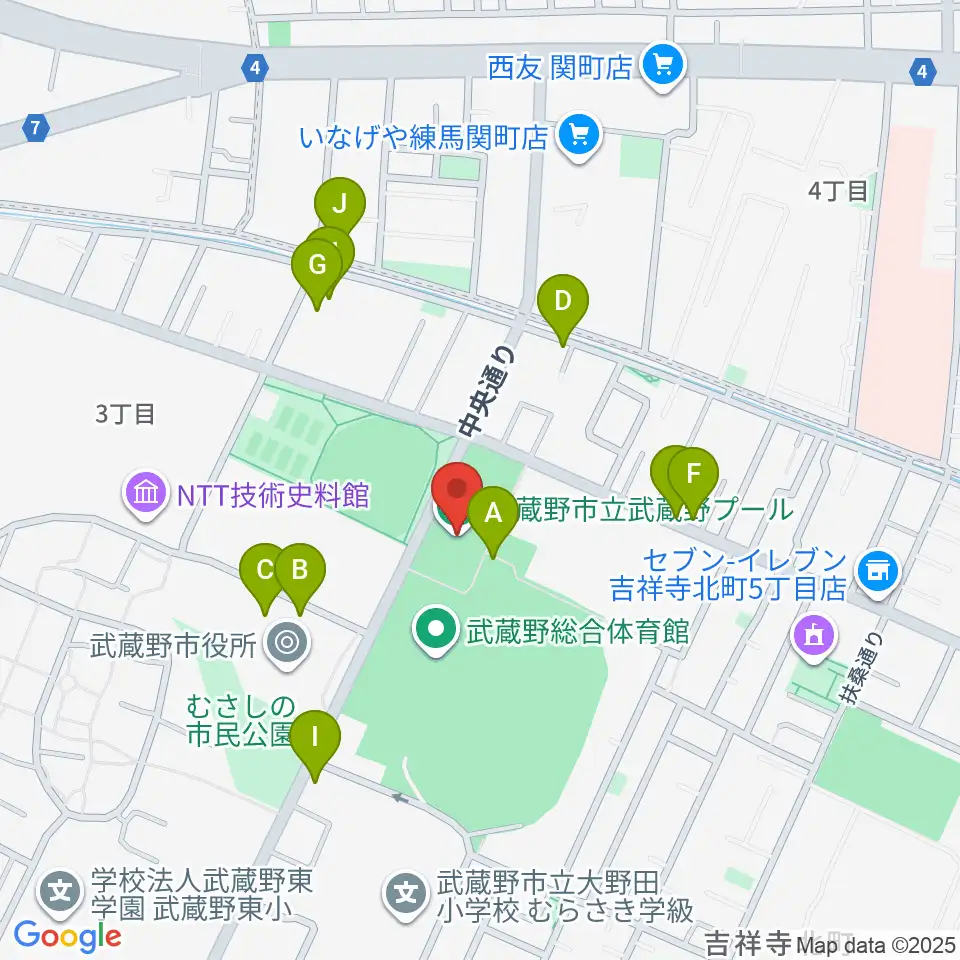 武蔵野温水プール周辺の駐車場・コインパーキング一覧地図