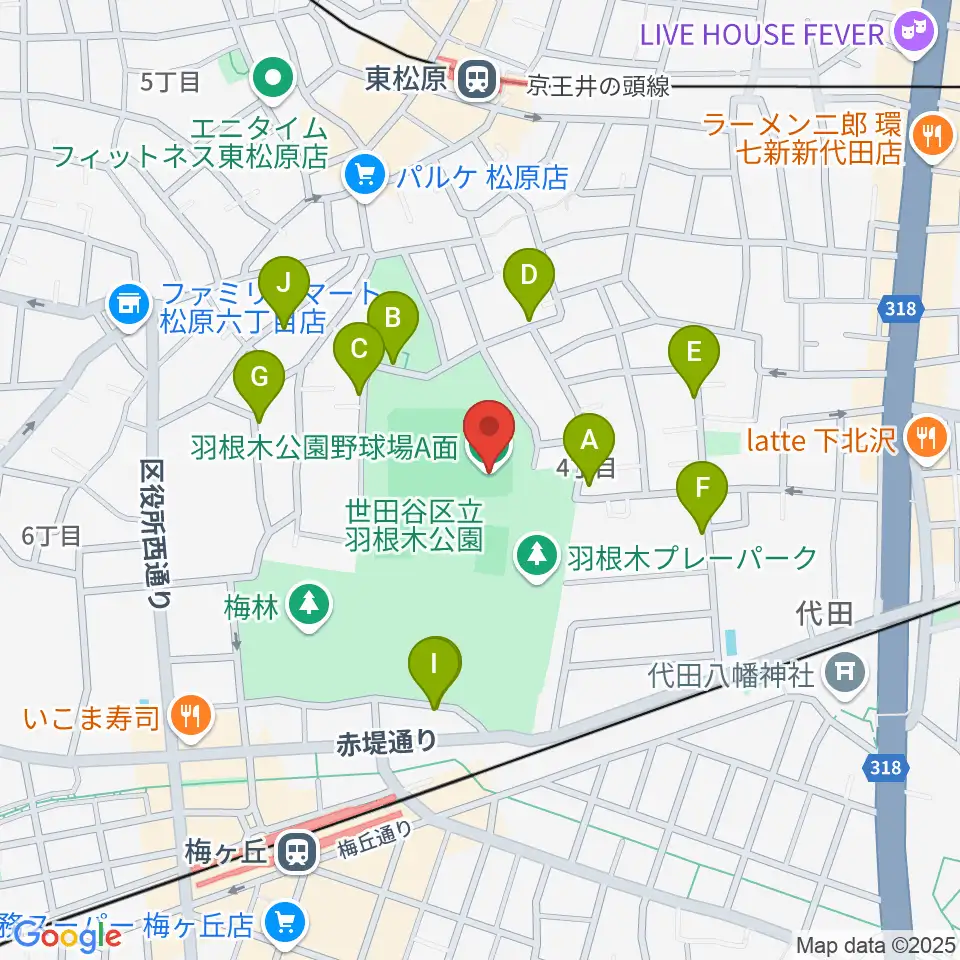 羽根木公園野球場周辺の駐車場・コインパーキング一覧地図