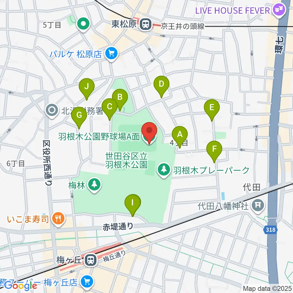 羽根木公園野球場周辺の駐車場・コインパーキング一覧地図