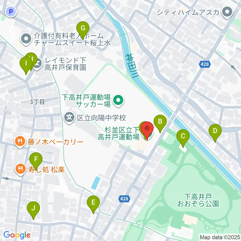 杉並区下高井戸運動場周辺の駐車場・コインパーキング一覧地図
