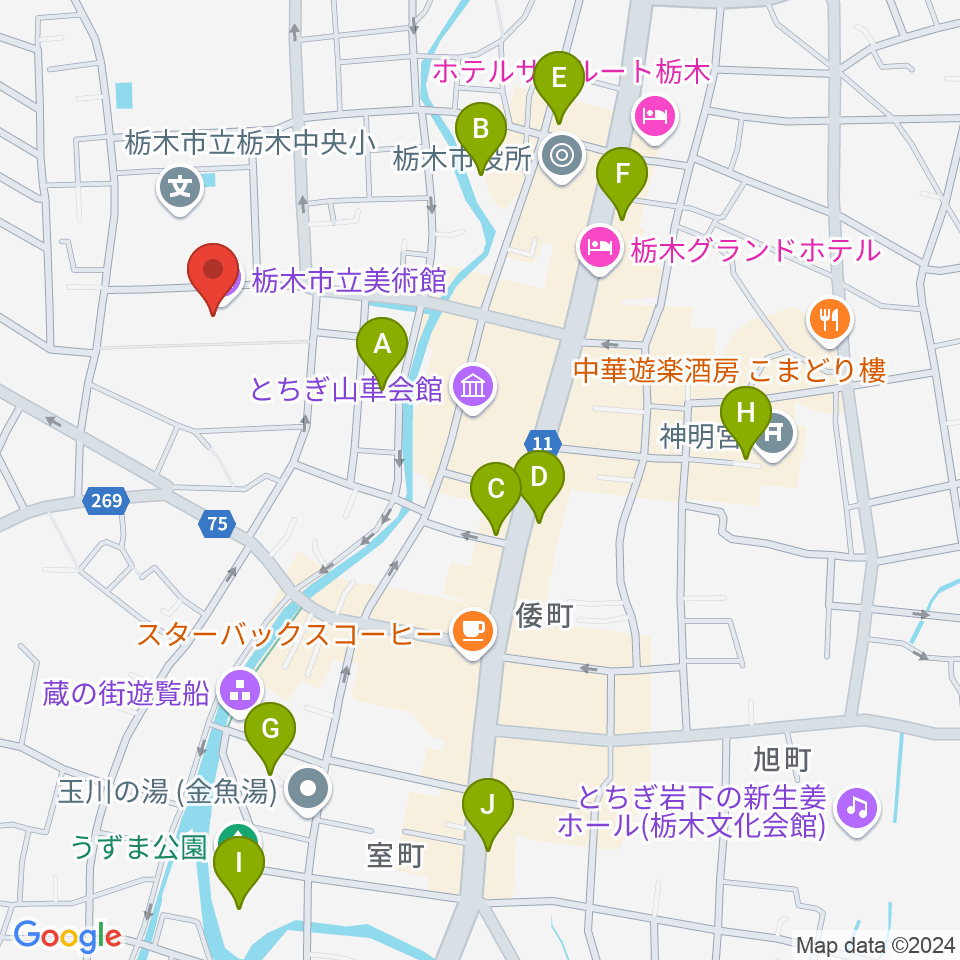 栃木市立美術館周辺の駐車場・コインパーキング一覧地図