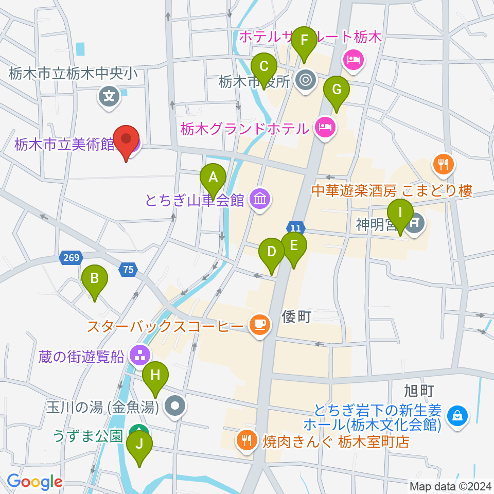 栃木市立美術館周辺の駐車場・コインパーキング一覧地図