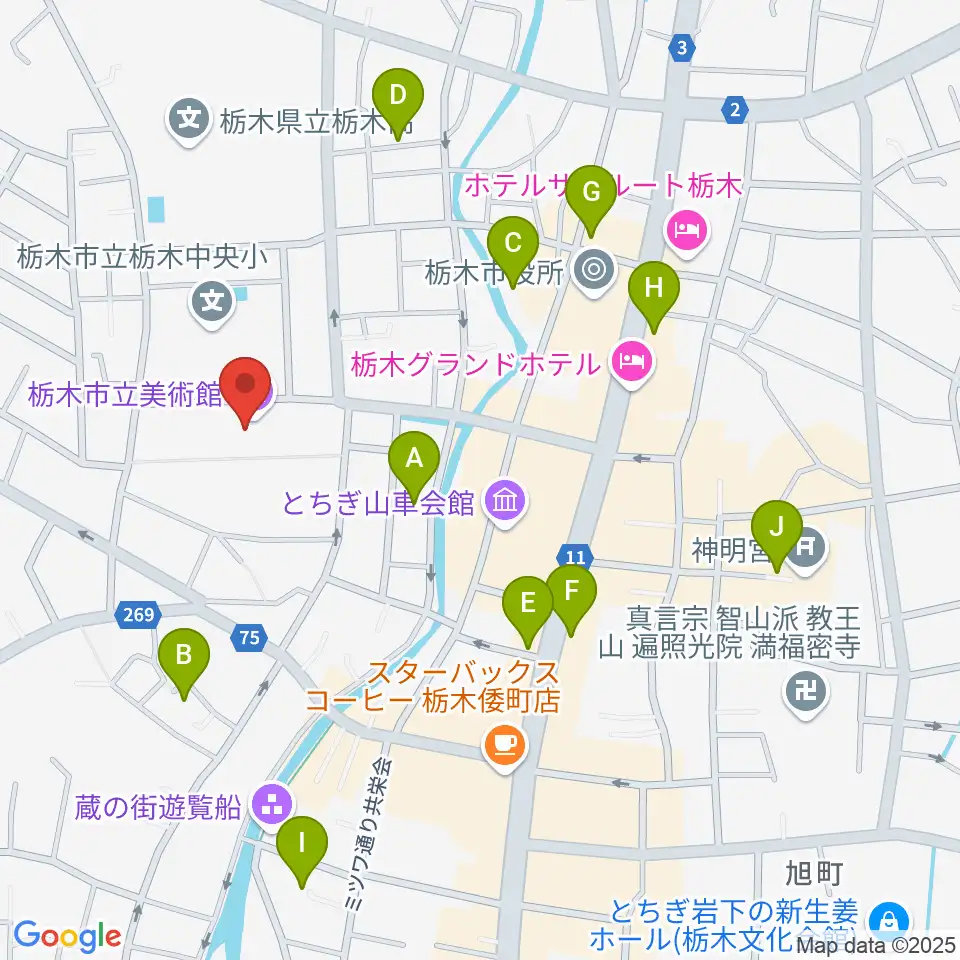 栃木市立美術館周辺の駐車場・コインパーキング一覧地図