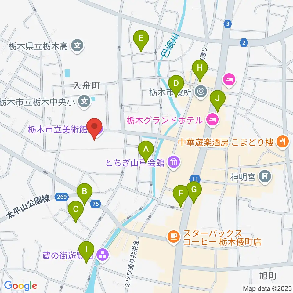 栃木市立美術館周辺の駐車場・コインパーキング一覧地図