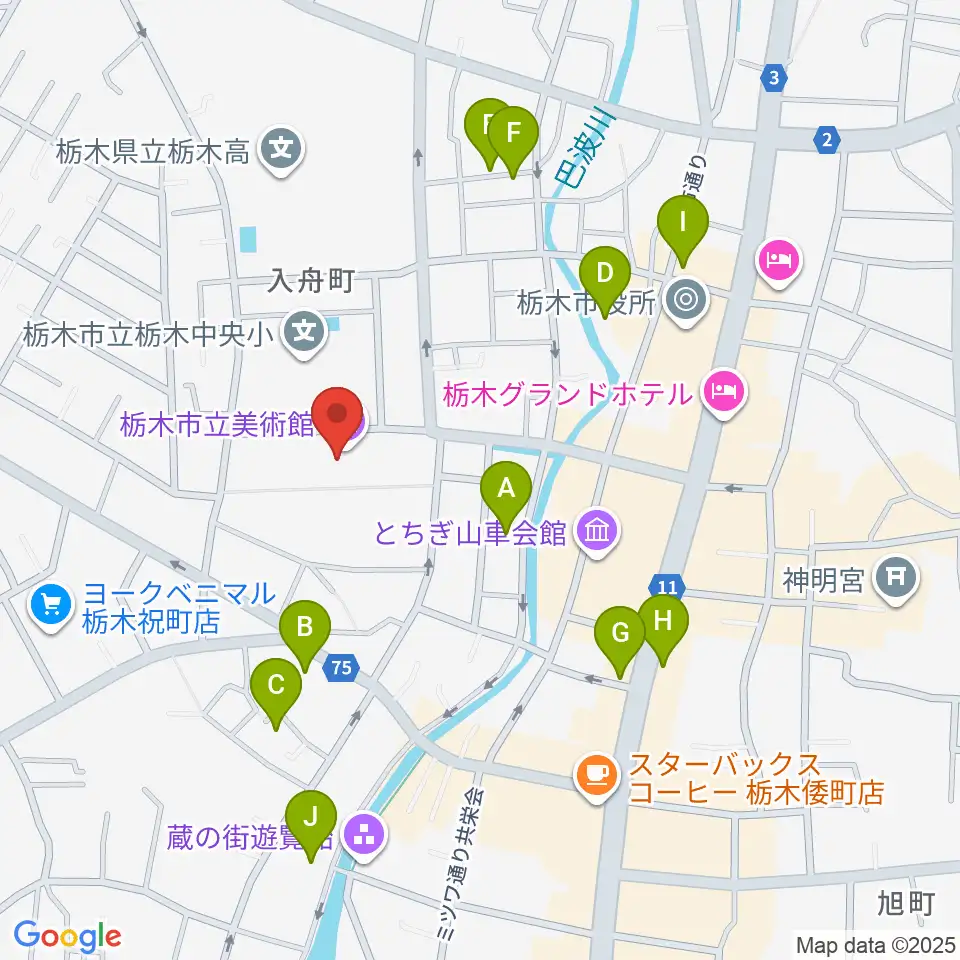 栃木市立美術館周辺の駐車場・コインパーキング一覧地図