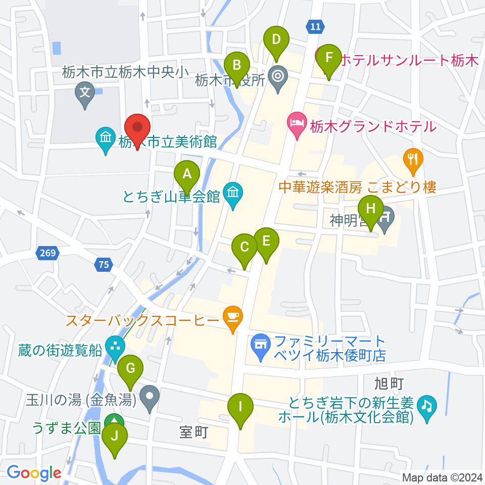 栃木市立文学館周辺の駐車場・コインパーキング一覧地図