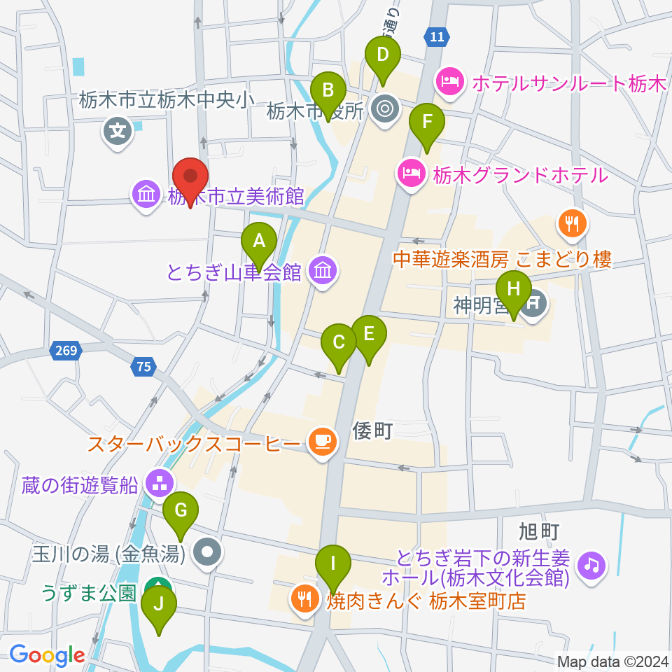 栃木市立文学館周辺の駐車場・コインパーキング一覧地図