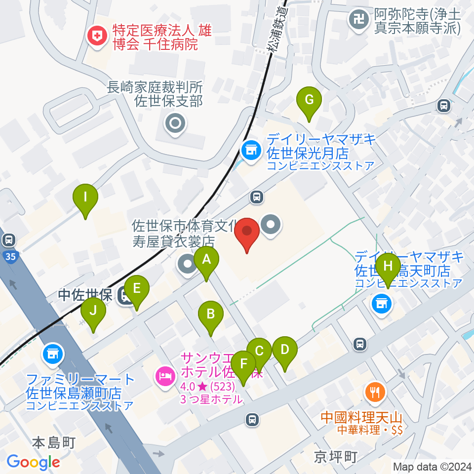 佐世保市体育文化館周辺の駐車場・コインパーキング一覧地図