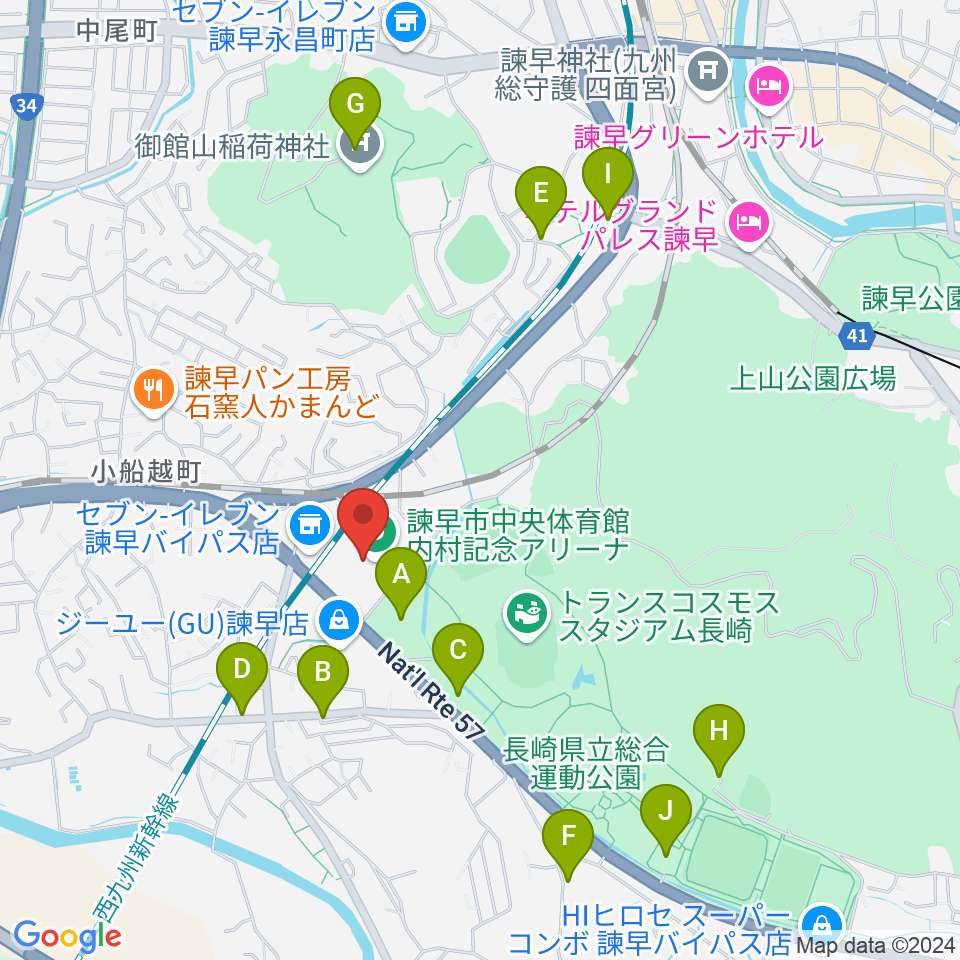 諫早市中央体育館・内村記念アリーナ周辺の駐車場・コインパーキング一覧地図