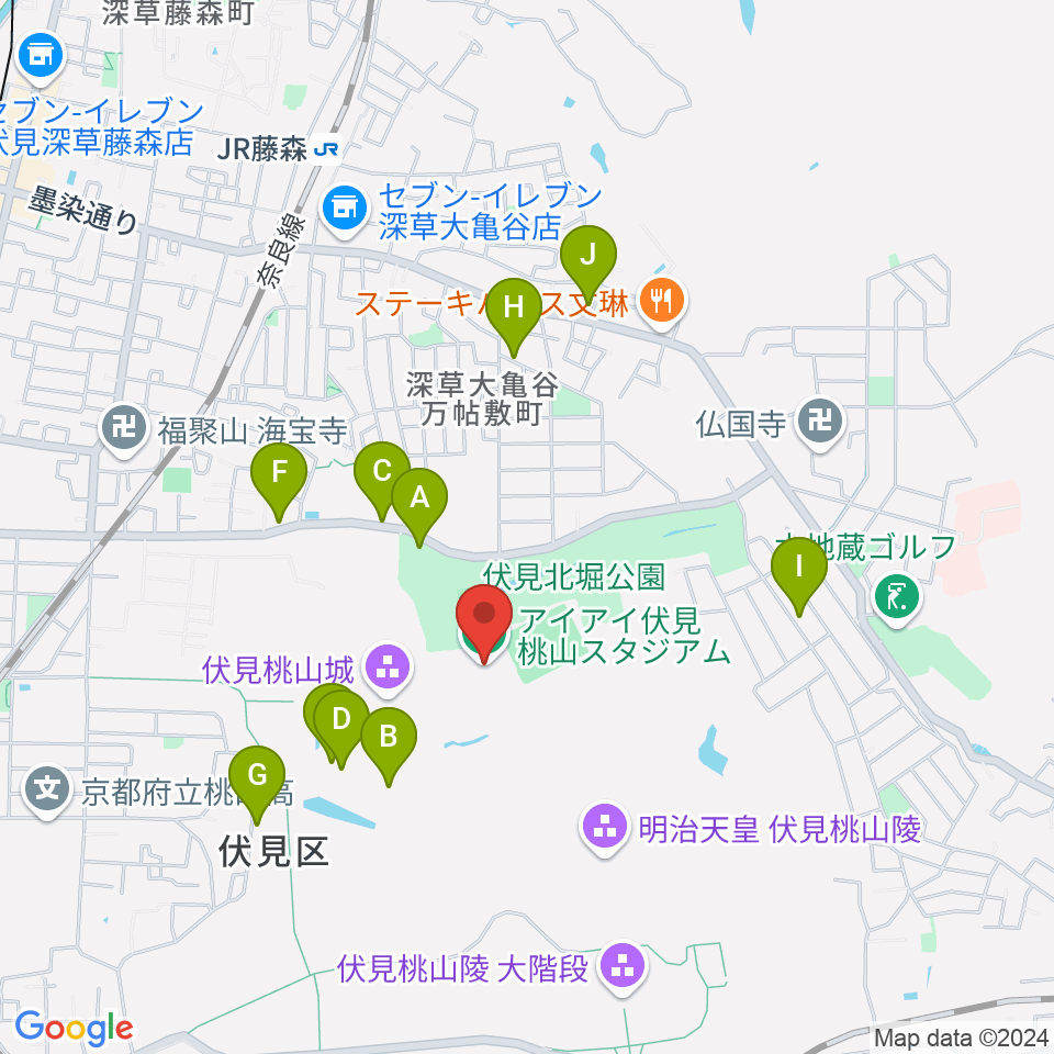 アイアイ伏見桃山スタジアム周辺の駐車場・コインパーキング一覧地図