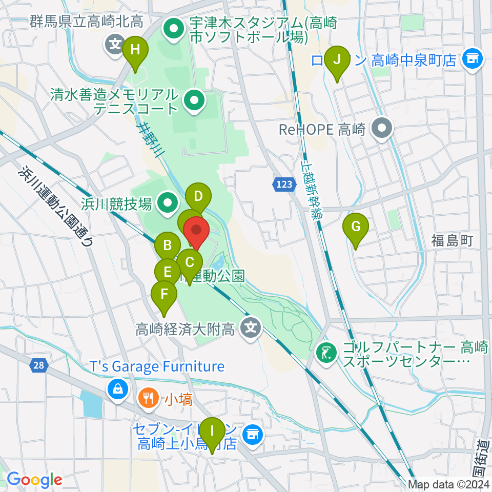 高崎市浜川体育館周辺の駐車場・コインパーキング一覧地図