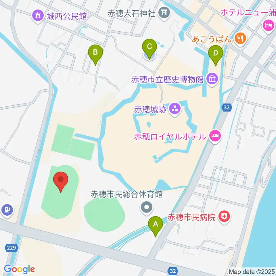 赤穂城南緑地陸上競技場周辺の駐車場・コインパーキング一覧地図