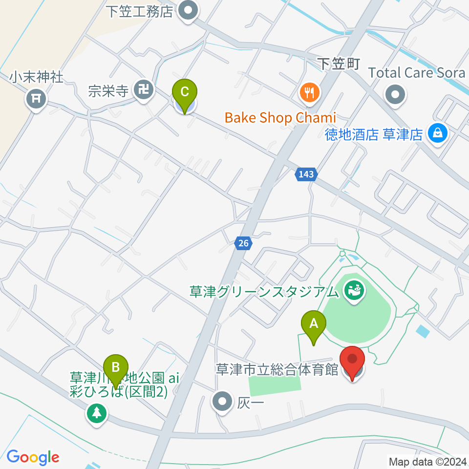 草津市立総合体育館周辺の駐車場・コインパーキング一覧地図